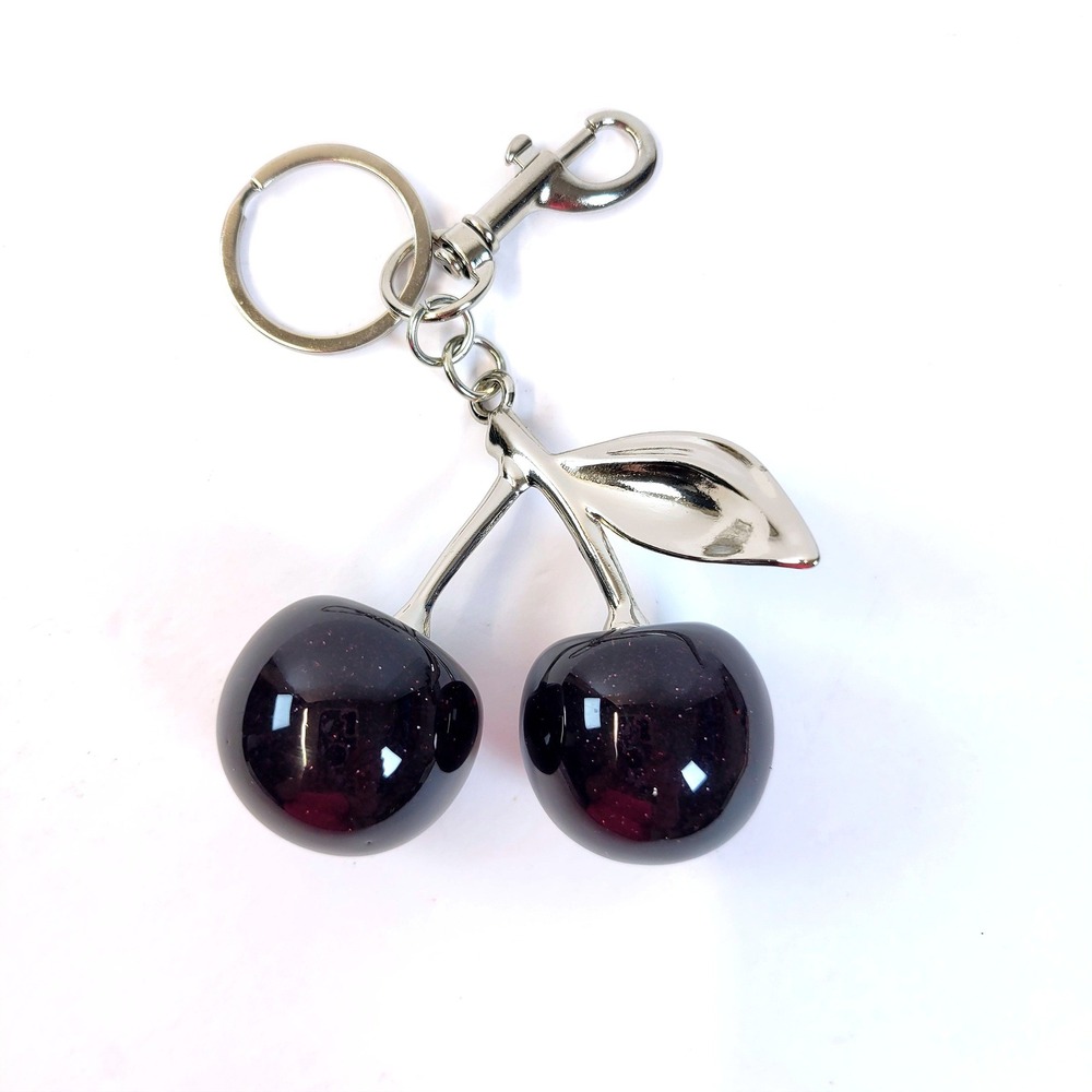 Keychain Bag Charm Cherry Resin Glitter Burgundy Dark Purple Glitter NEW